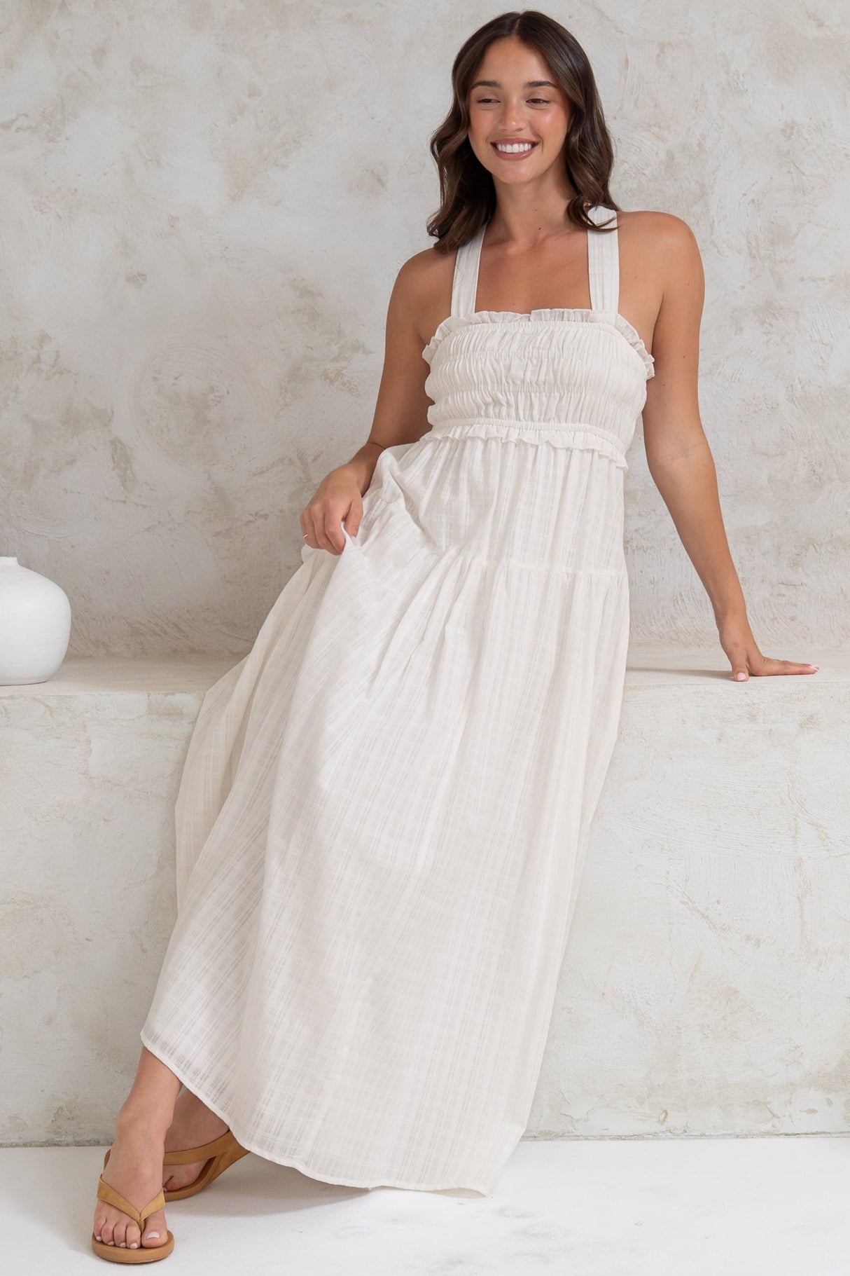 Laurita Midi Dress - Adjustable Strap Elasticated Bodice Sun Dress in White