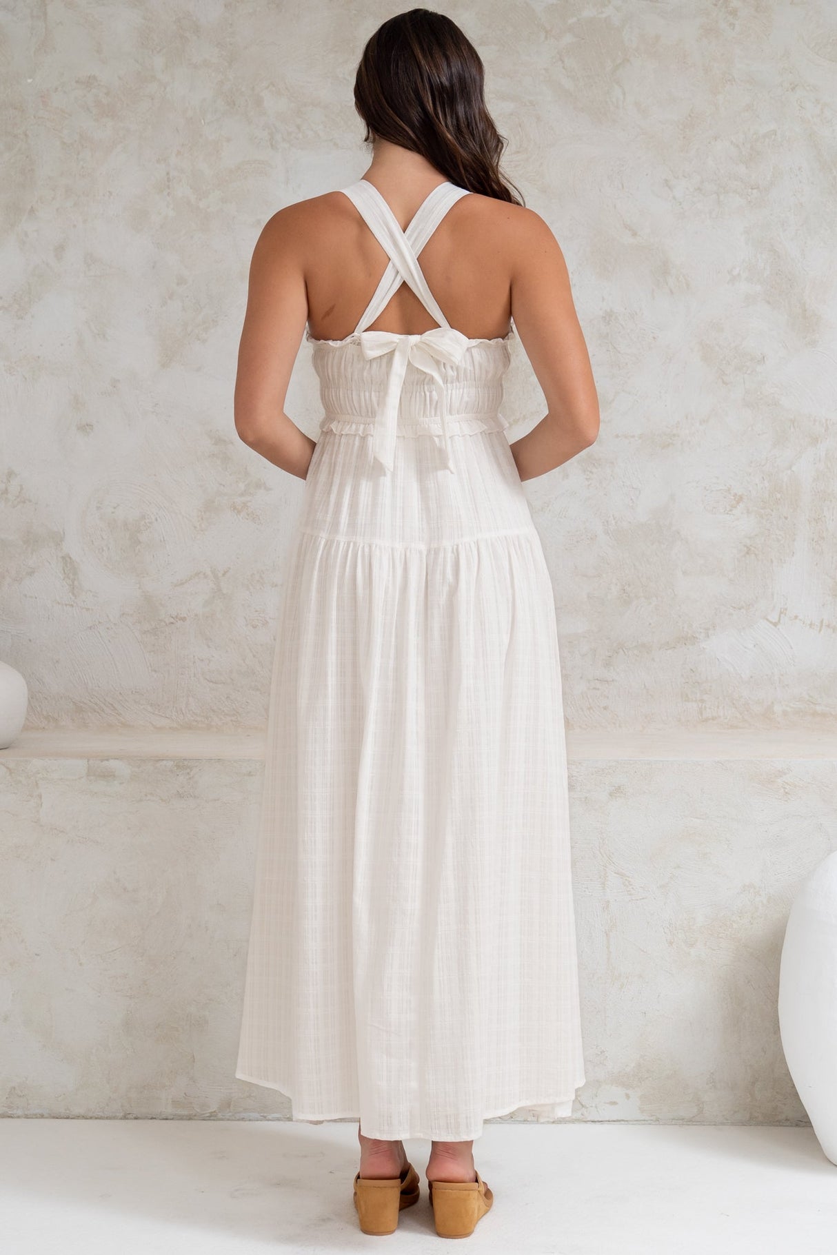 Laurita Midi Dress - Adjustable Strap Elasticated Bodice Sun Dress in White