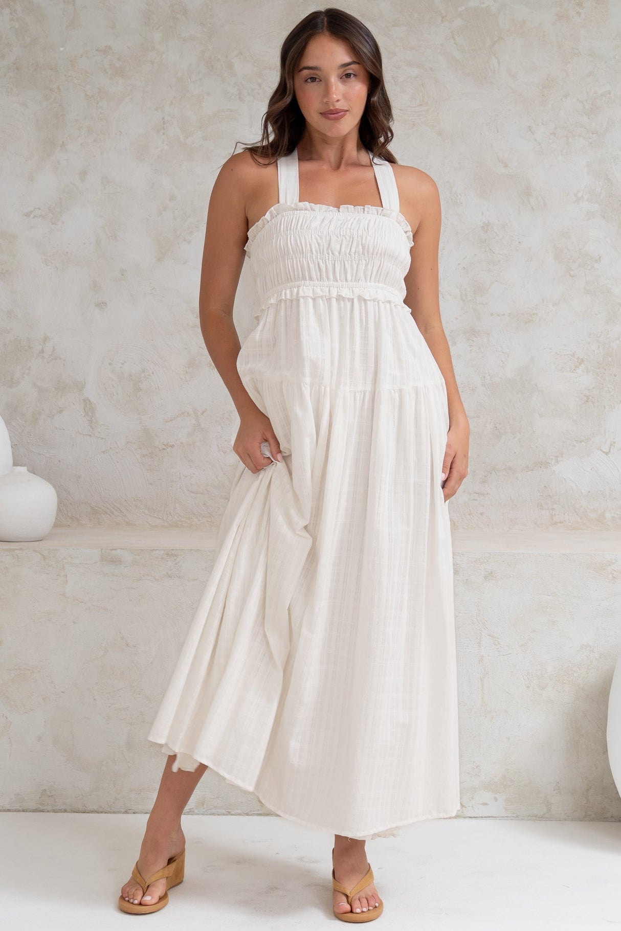 Laurita Midi Dress - Adjustable Strap Elasticated Bodice Sun Dress in White