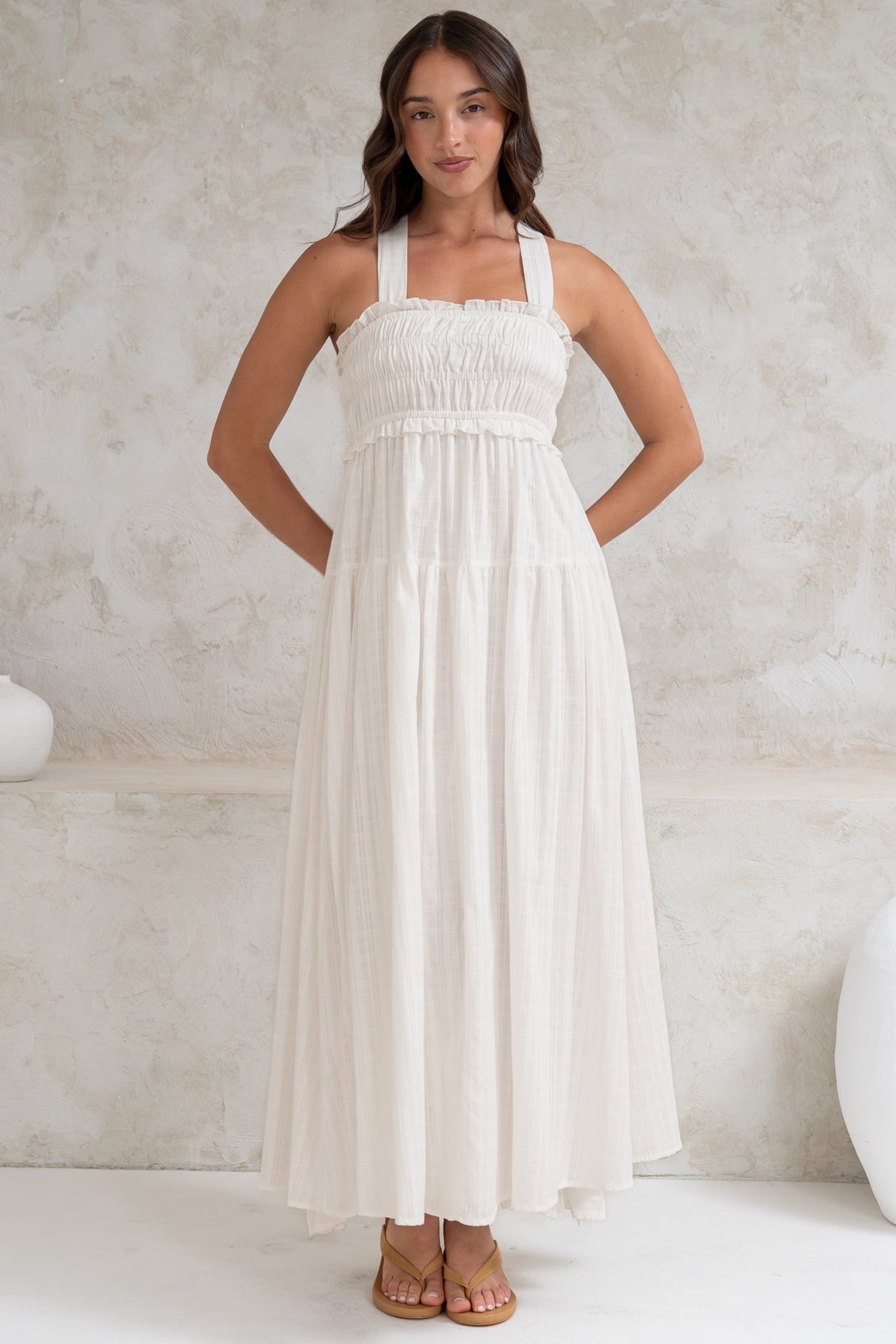 Laurita Midi Dress - Adjustable Strap Elasticated Bodice Sun Dress in White