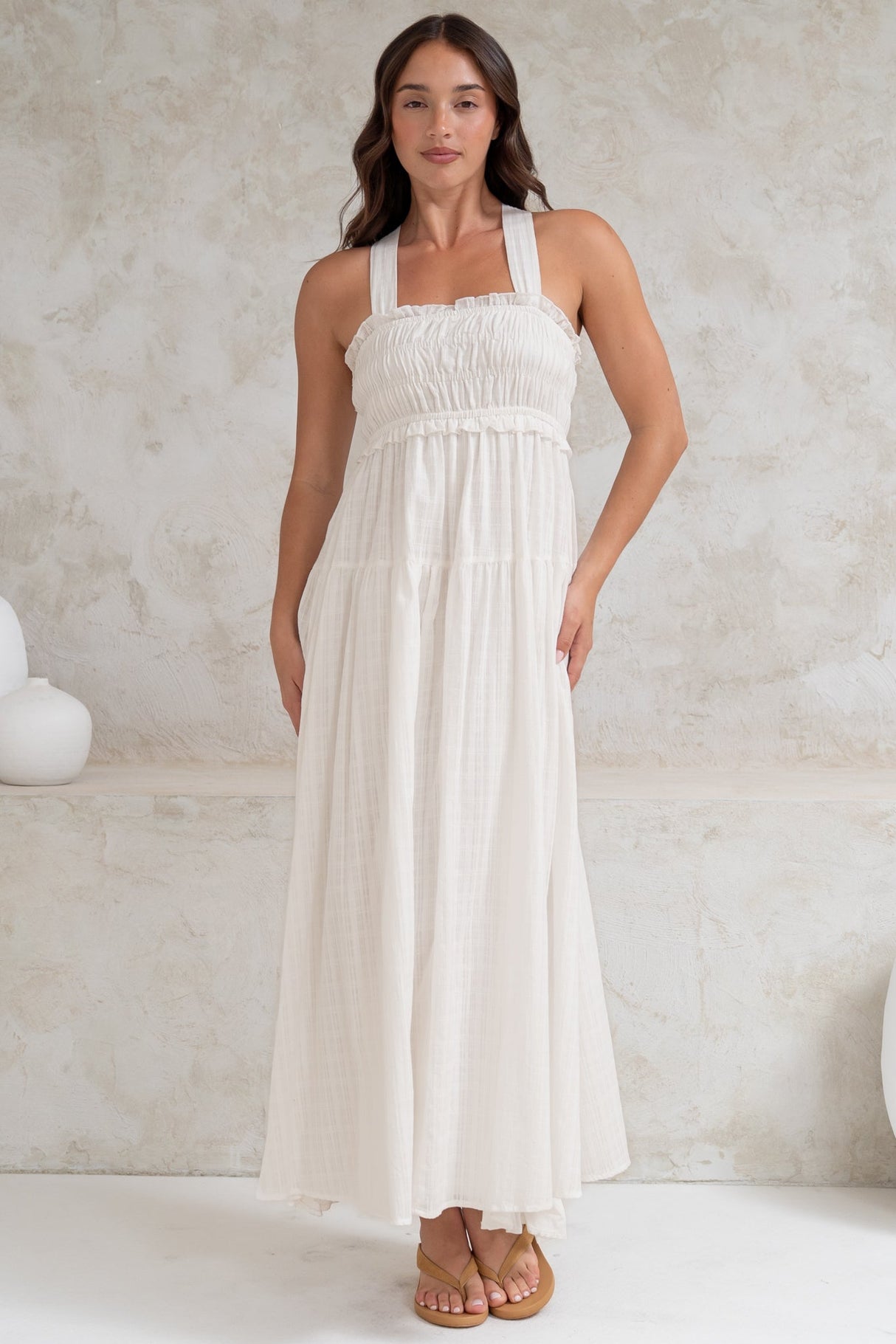 Laurita Midi Dress - Adjustable Strap Elasticated Bodice Sun Dress in White