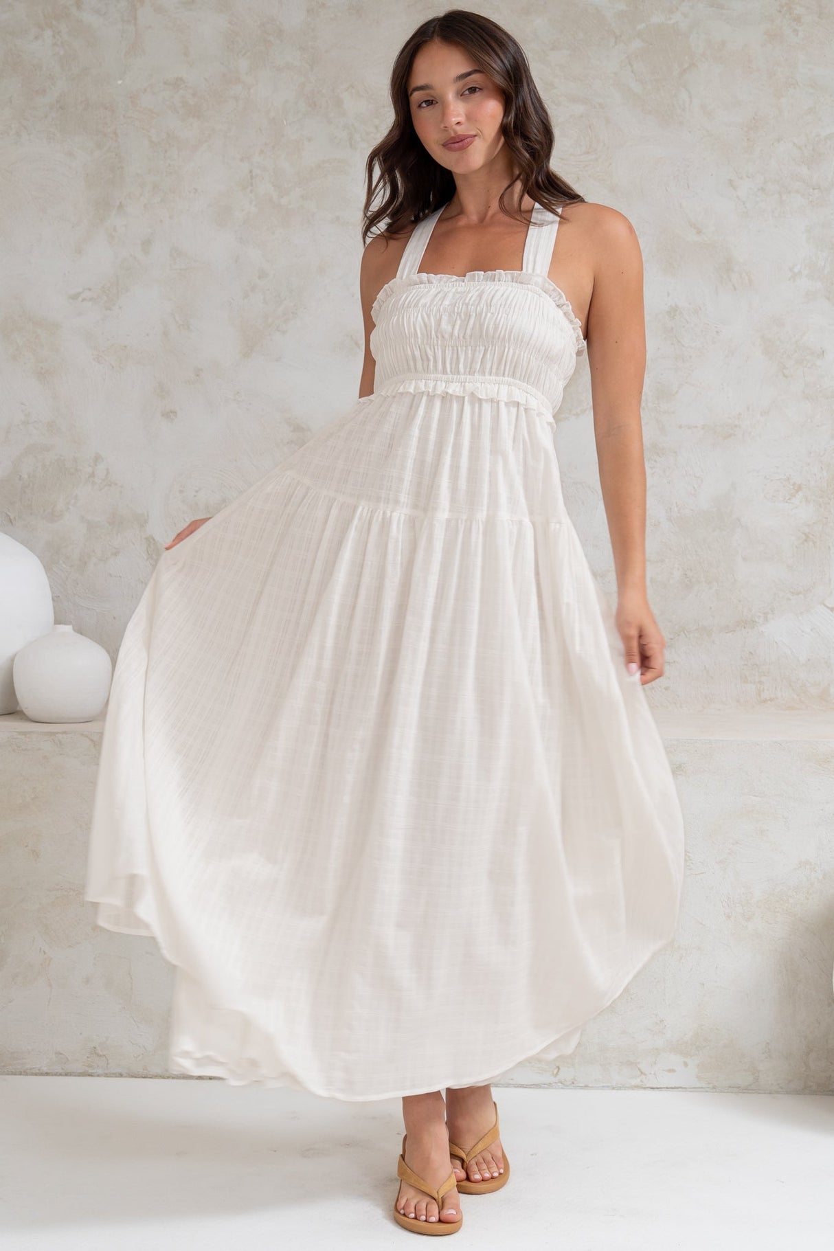 Laurita Midi Dress - Adjustable Strap Elasticated Bodice Sun Dress in White
