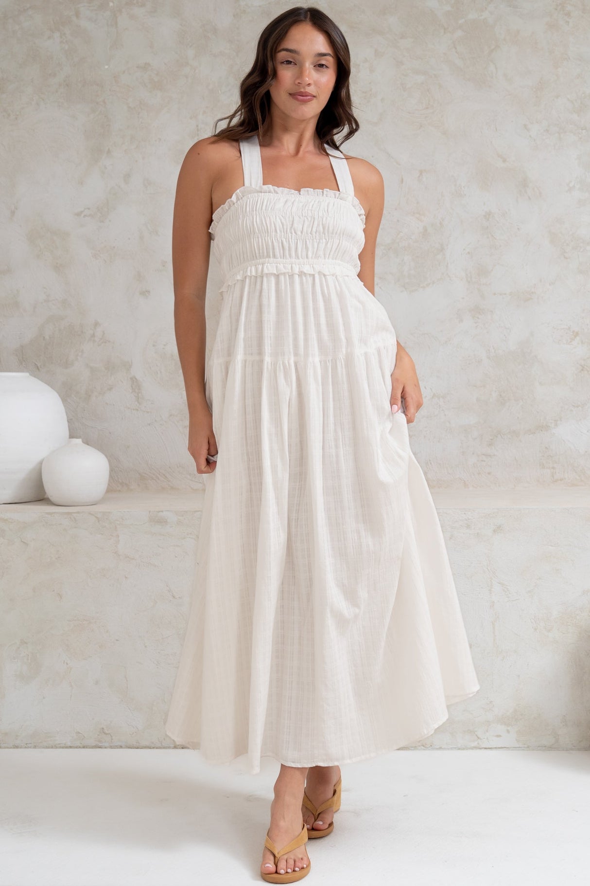 Laurita Midi Dress - Adjustable Strap Elasticated Bodice Sun Dress in White