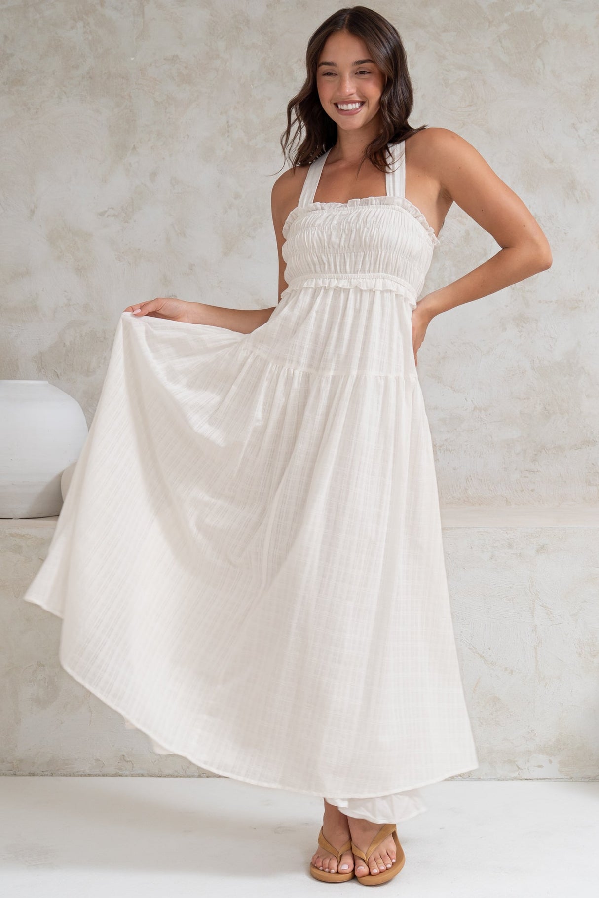 Laurita Midi Dress - Adjustable Strap Elasticated Bodice Sun Dress in White
