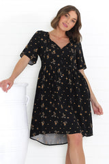 Lavenne Mini Dress - Short Sleeve Smock Dress with Lattice Detailing Melany Print Black