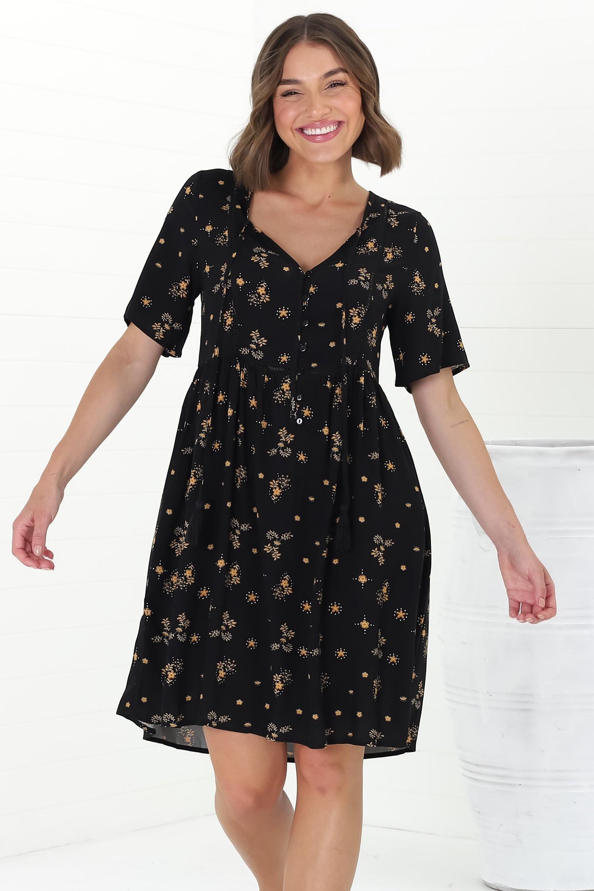 Lavenne Mini Dress - Short Sleeve Smock Dress with Lattice Detailing Melany Print Black