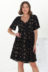 Lavenne Mini Dress - Short Sleeve Smock Dress with Lattice Detailing Melany Print Black