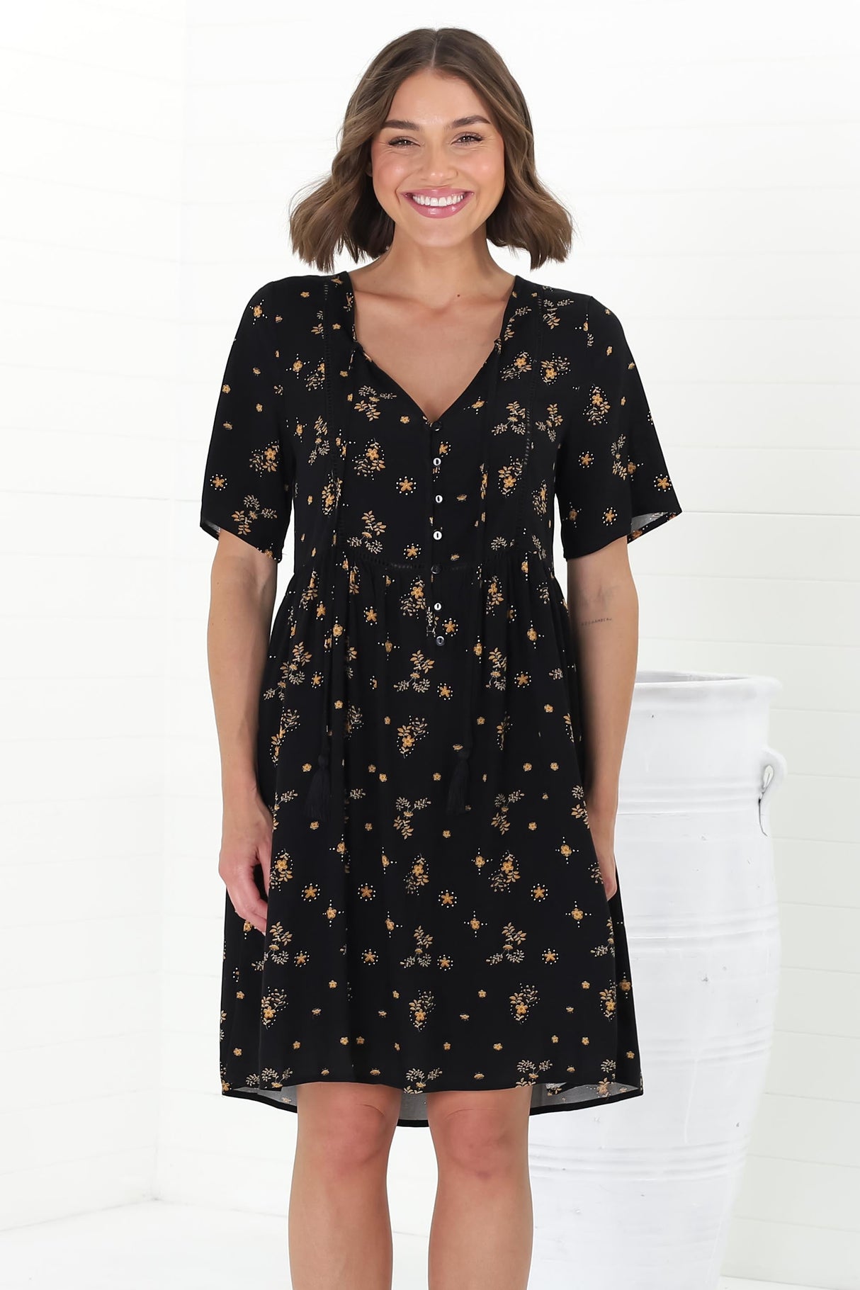 Lavenne Mini Dress - Short Sleeve Smock Dress with Lattice Detailing Melany Print Black