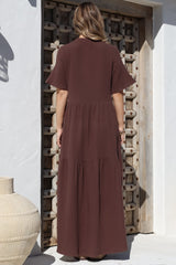 Laysa Maxi Dress - Mandarin Collar Buttoned Bodice Short Sleeve Dress in Chocolate