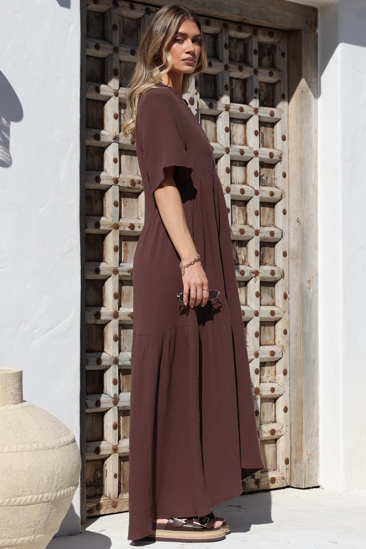 Laysa Maxi Dress - Mandarin Collar Buttoned Bodice Short Sleeve Dress in Chocolate