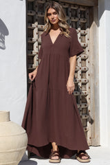 Laysa Maxi Dress - Mandarin Collar Buttoned Bodice Short Sleeve Dress in Chocolate