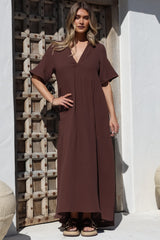 Laysa Maxi Dress - Mandarin Collar Buttoned Bodice Short Sleeve Dress in Chocolate