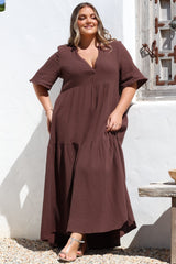 Laysa Maxi Dress - Mandarin Collar Buttoned Bodice Short Sleeve Dress in Chocolate