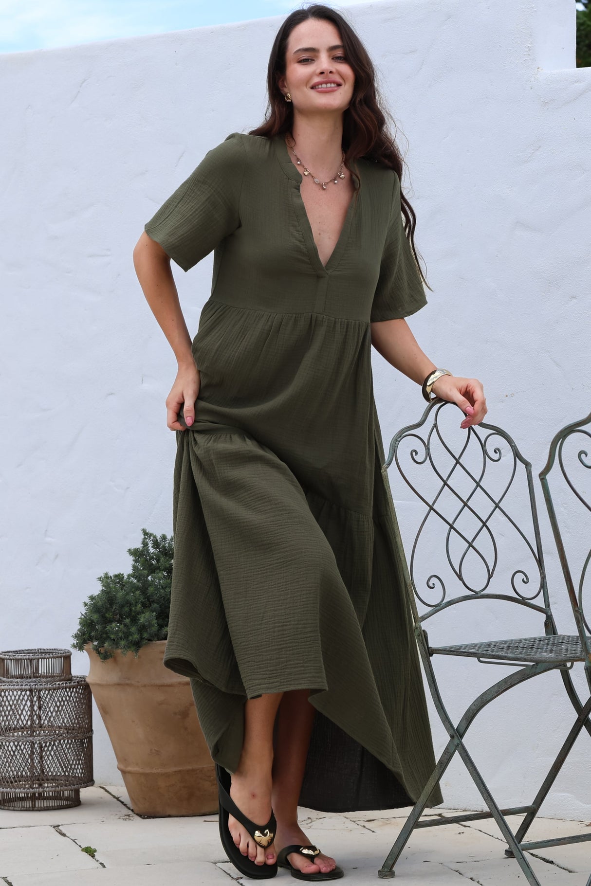 Laysa Maxi Dress - Mandarin Collar Buttoned Bodice Short Sleeve Dress in Khaki