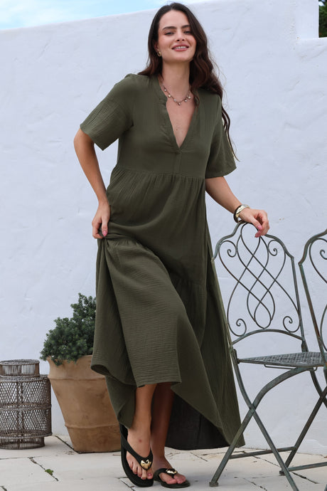 Laysa Maxi Dress - Mandarin Collar Buttoned Bodice Short Sleeve Dress in Khaki