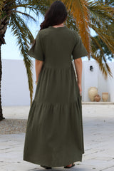 Laysa Maxi Dress - Mandarin Collar Buttoned Bodice Short Sleeve Dress in Khaki