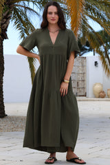 Laysa Maxi Dress - Mandarin Collar Buttoned Bodice Short Sleeve Dress in Khaki