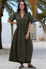 Laysa Maxi Dress - Mandarin Collar Buttoned Bodice Short Sleeve Dress in Khaki