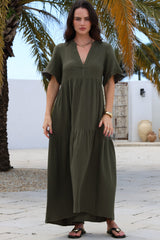 Laysa Maxi Dress - Mandarin Collar Buttoned Bodice Short Sleeve Dress in Khaki