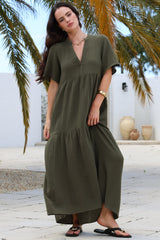 Laysa Maxi Dress - Mandarin Collar Buttoned Bodice Short Sleeve Dress in Khaki