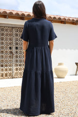 Laysa Maxi Dress - Mandarin Collar Buttoned Bodice Short Sleeve Dress in Navy