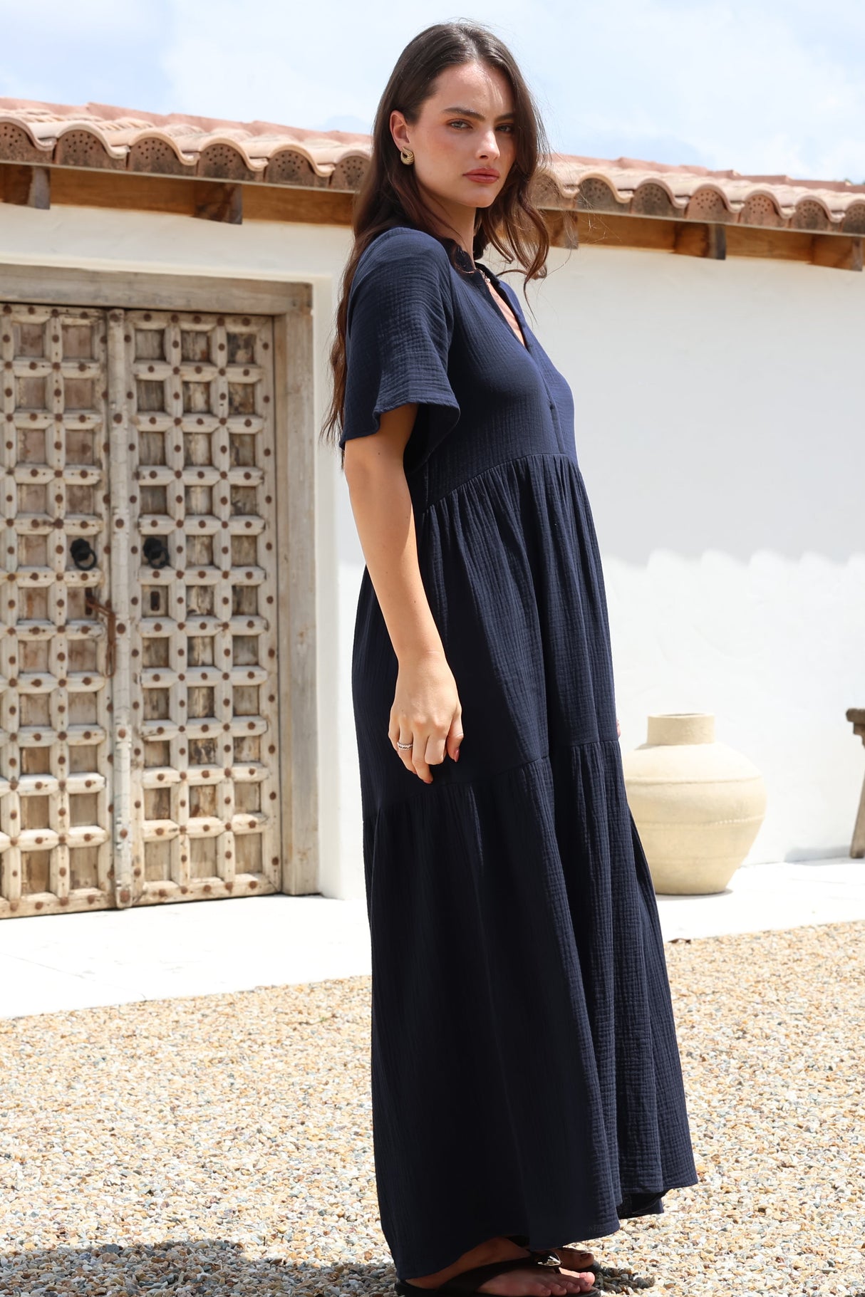 Laysa Maxi Dress - Mandarin Collar Buttoned Bodice Short Sleeve Dress in Navy