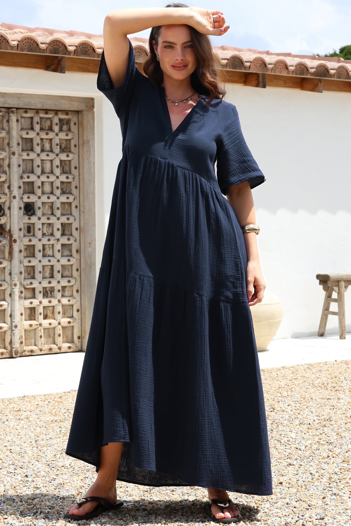 Laysa Maxi Dress - Mandarin Collar Buttoned Bodice Short Sleeve Dress in Navy