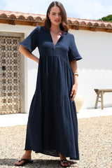 Laysa Maxi Dress - Mandarin Collar Buttoned Bodice Short Sleeve Dress in Navy