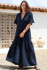 Laysa Maxi Dress - Mandarin Collar Buttoned Bodice Short Sleeve Dress in Navy