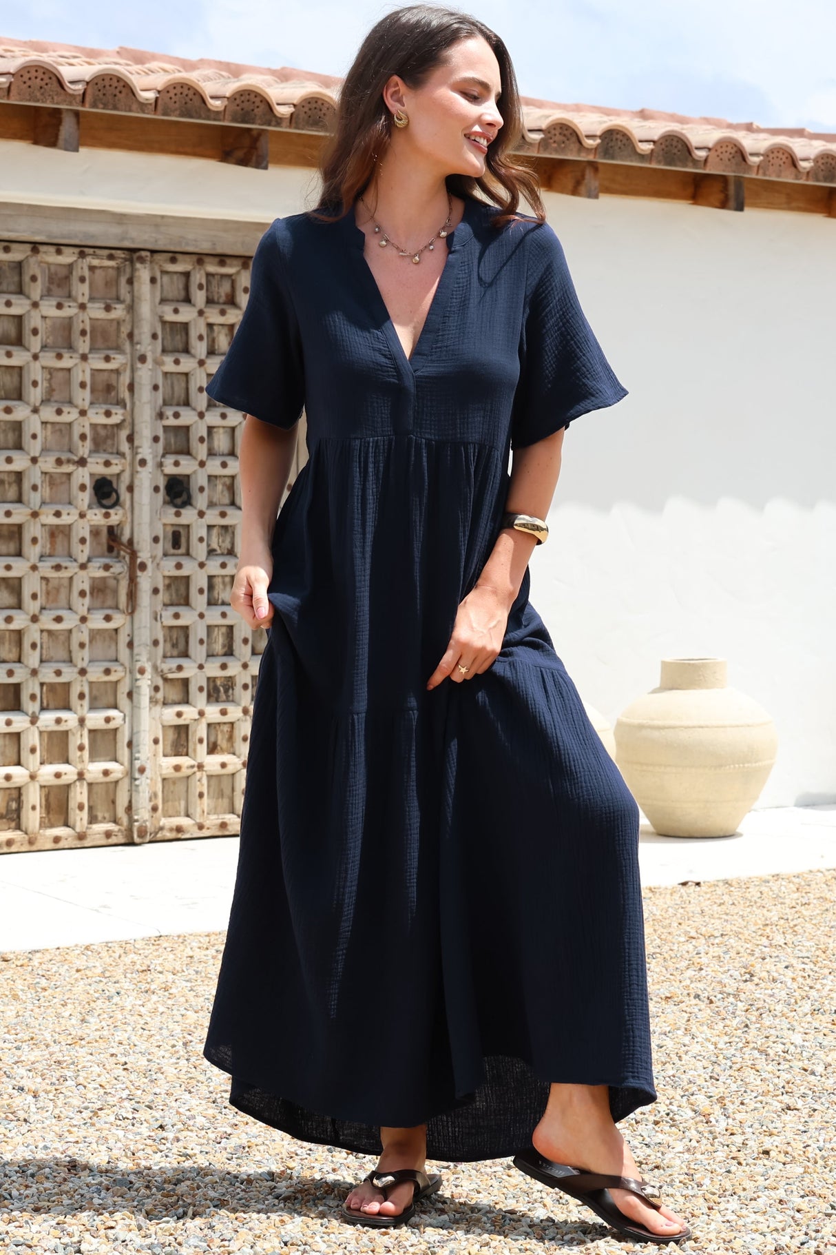 Laysa Maxi Dress - Mandarin Collar Buttoned Bodice Short Sleeve Dress in Navy