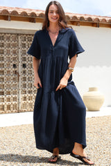 Laysa Maxi Dress - Mandarin Collar Buttoned Bodice Short Sleeve Dress in Navy