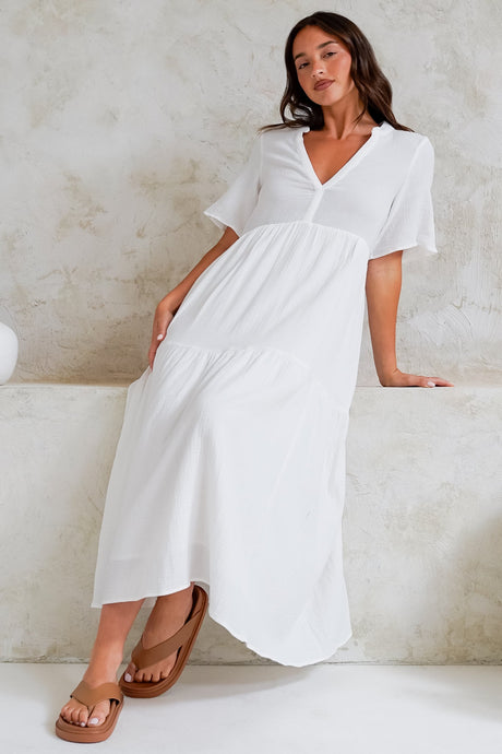 Laysa Maxi Dress - Mandarin Collar Buttoned Bodice Short Sleeve Dress in White