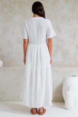 Laysa Maxi Dress - Mandarin Collar Buttoned Bodice Short Sleeve Dress in White