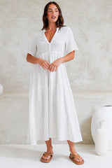 Laysa Maxi Dress - Mandarin Collar Buttoned Bodice Short Sleeve Dress in White