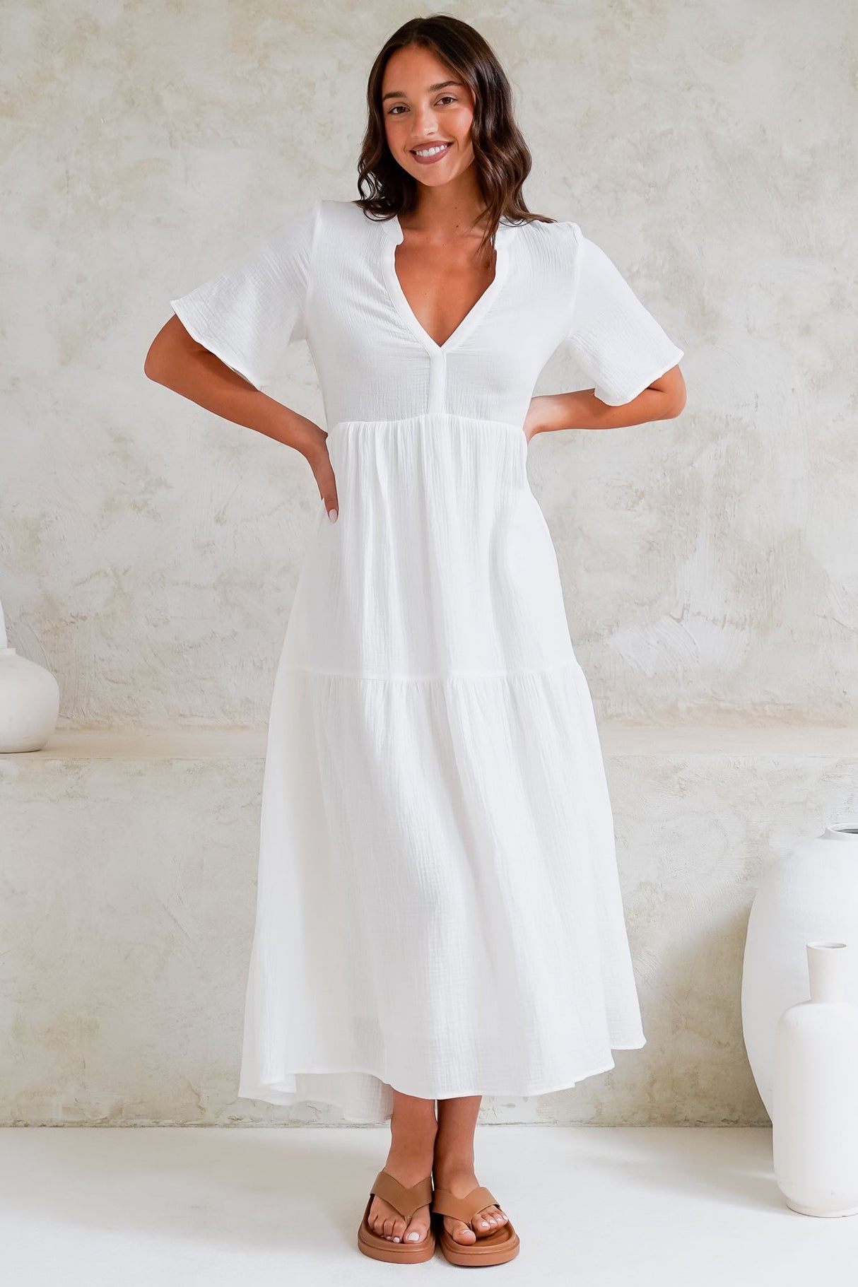 Laysa Maxi Dress - Mandarin Collar Buttoned Bodice Short Sleeve Dress in White