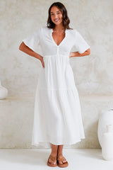 Laysa Maxi Dress - Mandarin Collar Buttoned Bodice Short Sleeve Dress in White