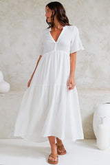 Laysa Maxi Dress - Mandarin Collar Buttoned Bodice Short Sleeve Dress in White