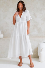 Laysa Maxi Dress - Mandarin Collar Buttoned Bodice Short Sleeve Dress in White