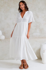 Laysa Maxi Dress - Mandarin Collar Buttoned Bodice Short Sleeve Dress in White
