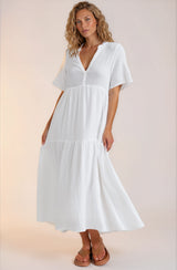 Laysa Maxi Dress - Mandarin Collar Short Sleeve Dress in White