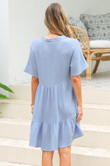 Laysa Mini Dress - Mandarin Collar Short Sleeve Tiered Dress in Light Blue