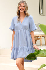 Laysa Mini Dress - Mandarin Collar Short Sleeve Tiered Dress in Light Blue