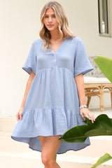 Laysa Mini Dress - Mandarin Collar Short Sleeve Tiered Dress in Light Blue