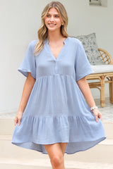 Laysa Mini Dress - Mandarin Collar Short Sleeve Tiered Dress in Light Blue