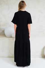 Laysa Maxi Dress - Mandarin Collar Short Sleeve Dress in Black