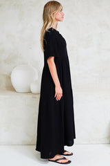 Laysa Maxi Dress - Mandarin Collar Short Sleeve Dress in Black