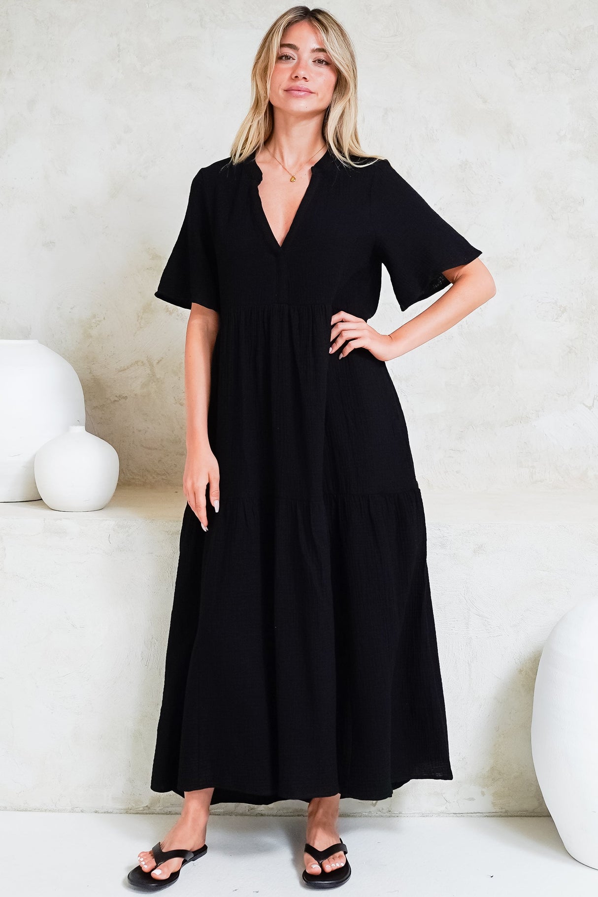 Laysa Maxi Dress - Mandarin Collar Short Sleeve Dress in Black