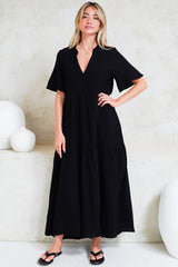 Laysa Maxi Dress - Mandarin Collar Short Sleeve Dress in Black