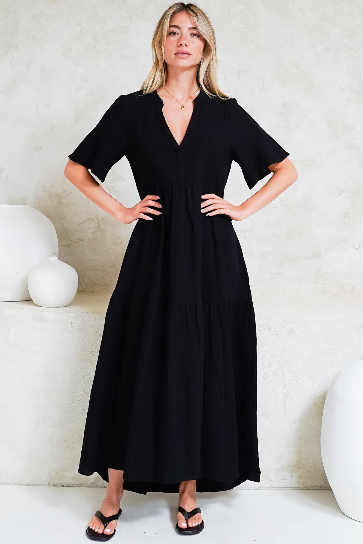 Laysa Maxi Dress - Mandarin Collar Short Sleeve Dress in Black