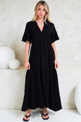 Laysa Maxi Dress - Mandarin Collar Short Sleeve Dress in Black